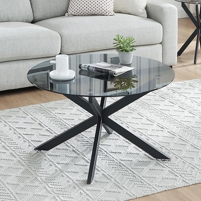 Black & Round Glass Coffee Tables for Living Room, Home Office, Modern & Simple Center Table with Gray Tempered Glass Top, 35.5" Wx19.7 H