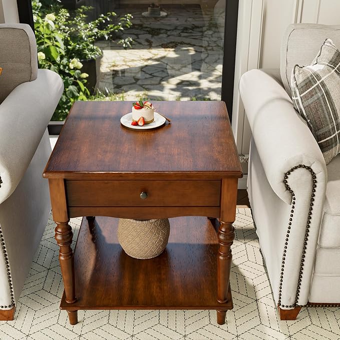 Solid Wood End Table with Drawer and Storage Shelf, Anne Queen Designed Beside Table with Solid Wood Roman Legs, Square Accent Tables and Meeting Table for Living Room, Bedroom Cherry Brown