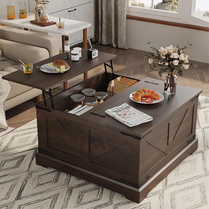 Vintage Storage Coffee Table, Lift Top Coffee Table, Square Center Table, Living Room Tables, Wood Tea Table (Walnut Brown)