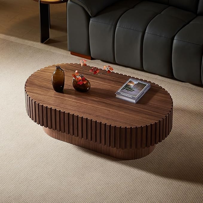WILLIAMSPACE 43.7" Walnut Oval Coffee Table, Mid Century Modern Luxury Wood Drum Center Table for Living Room, Handcraft Accent Side Table for Apartment, 43.7"*24.8"*13.78"H (Walnut)