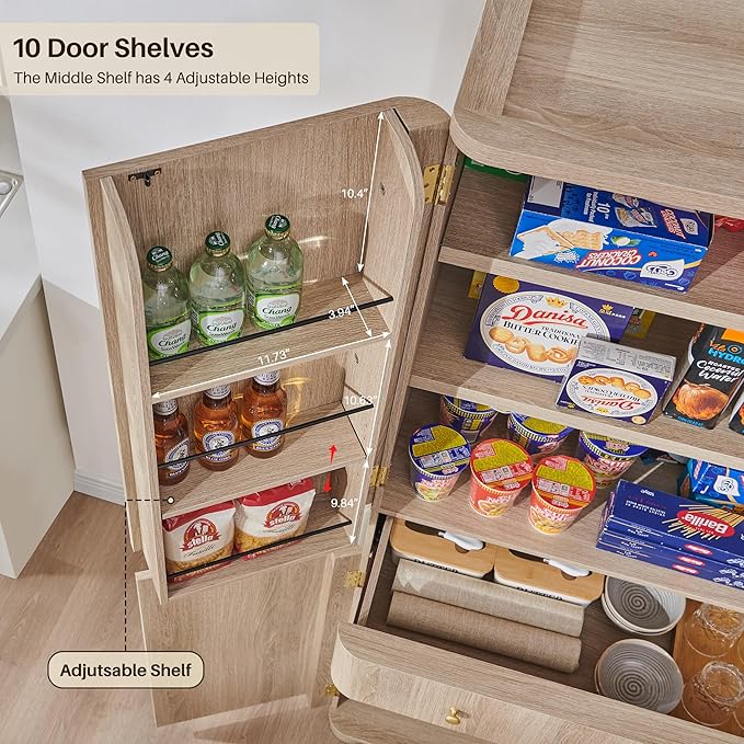 71" Tall Kitchen Pantry, Modern Curved Pantry Storage Cabinet with 4 Doors and 6 Adjustable Shelves, Cupboard for Kitchen, Dining Room, Living Room and Bathroom, Light Grey