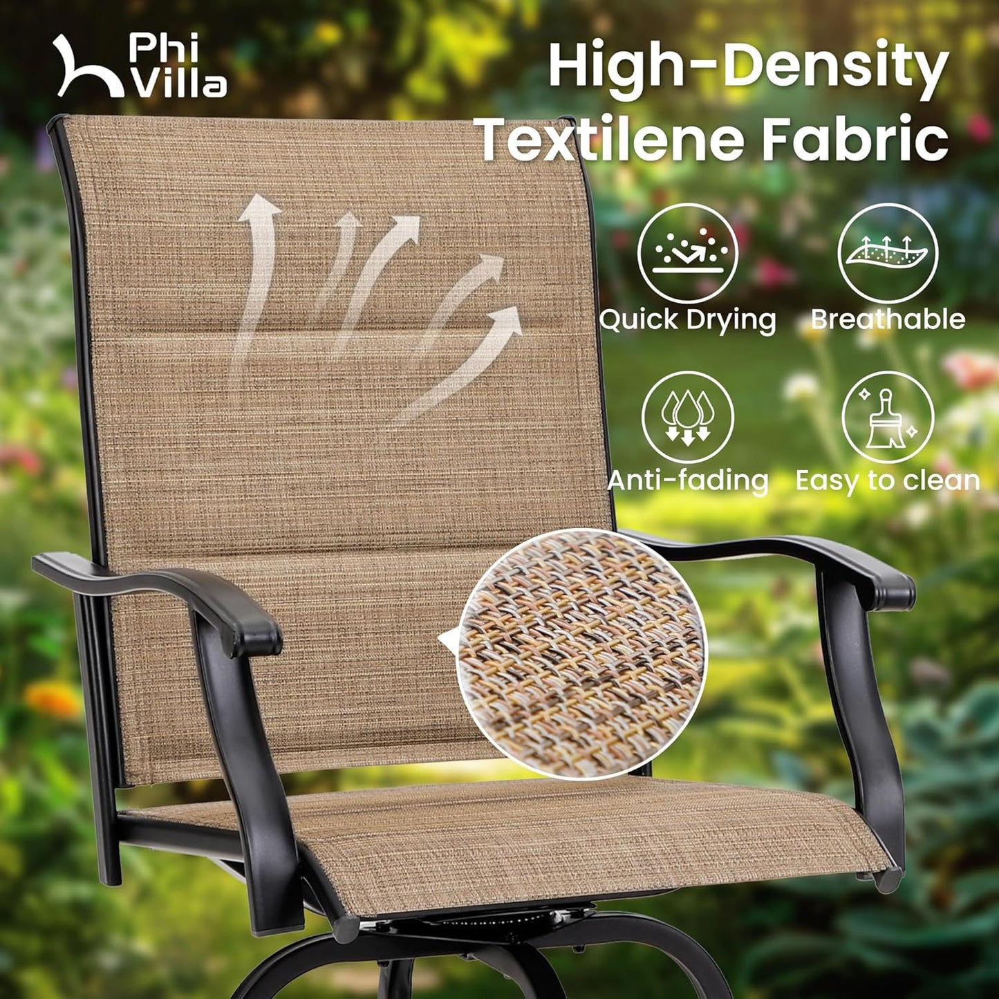 PHI VILLA 3 Piece Outdoor Bar Set, Bar Height Patio Table and Chairs with Brown Padded Textilene Fabric & Rustproof Metal Frame for Backyard, Balcony, Garden & Poolside