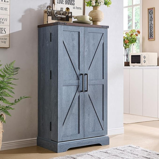 ACCOHOHO 47" Kitchen Pantry, Farmhouse Storage Cabinet with Barn Doors, Organizer and Adjustable Shelves, Rustic Wood Cupboard for Kitchen, Dining Room, Bathroom and Hallway, Rustic Blue