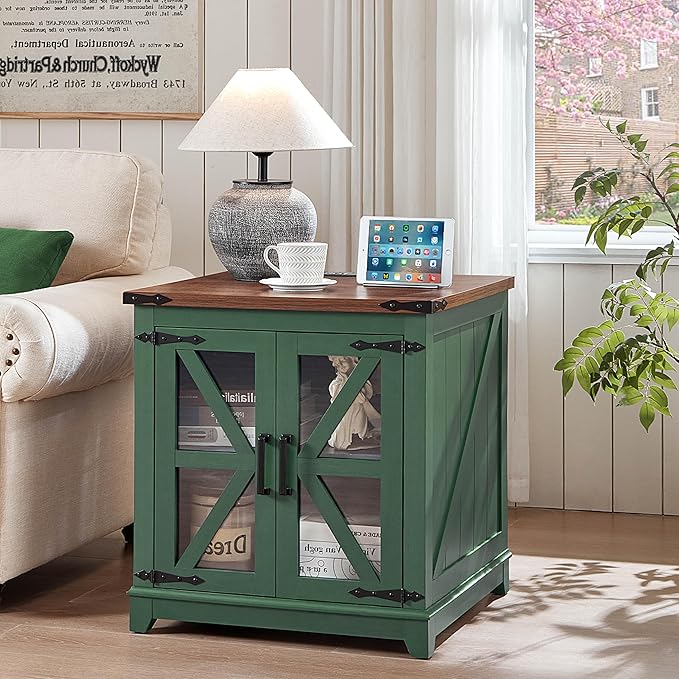 Farmhouse End Table Set of 2, 24" Large Sofa Side Table with Charging Station Glass Barn Door, Wood Nightstand with Adjustable Storage Shelf, Square Bedside Table for Living Room, Bedroom,Office-Green