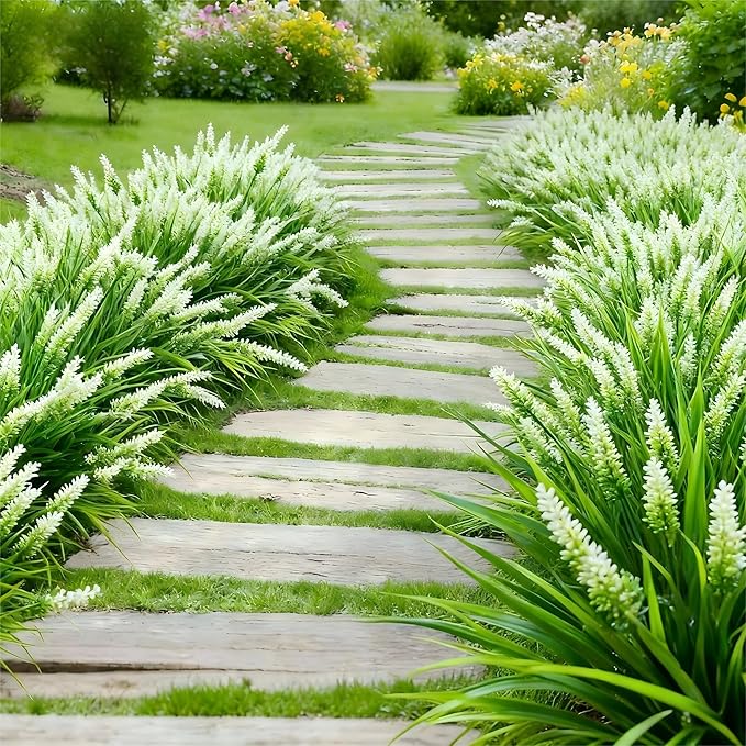 Geegoods Artificial White Lavender Flowers for Outdoors – 24 Bundles UV Resistant Fake Flowers with Monkey Grass, Realistic Artificial Plants Outdoor for Garden, Patio, Porch, Window Box & Home Décor