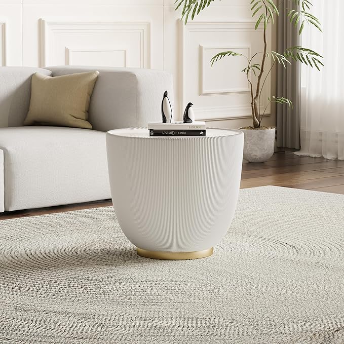 19.69" White Round Coffee Table, Drum Coffee Table with Sintered Stone Tabletop and Fluted PU Leather Covered and Metal Base, Circle Cocktail Tea Table for Living Room