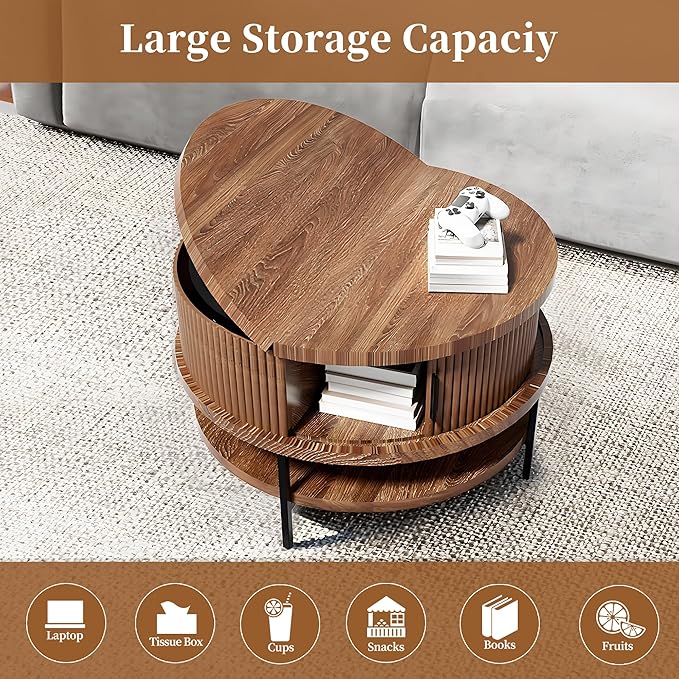 AQY Round Flip Top Coffee Table with Storage, 31.4" Multifunctional Wooden Center Table with Large Hidden Compartment & Open Shelves, Modern Coffee Table for Living Room, Office, Assembly Required