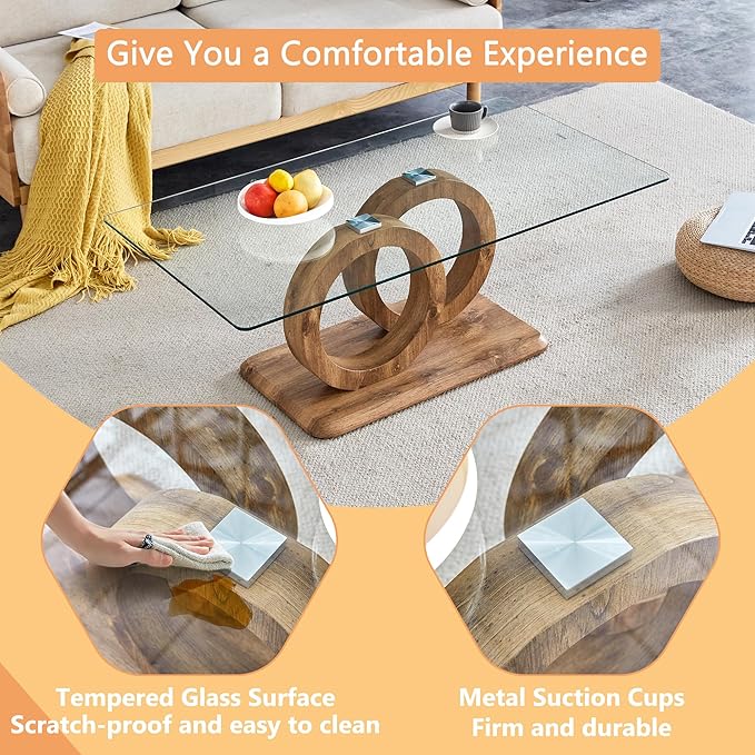 Modern Glass Coffee Table, 47”Rectangular Coffee Table for Living Room, Clear Center Table with Tempered Glass Top and Wood Finish Base