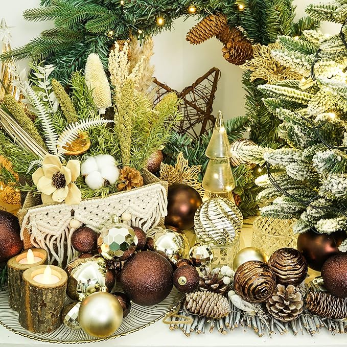 XmasExp 24ct Christmas Ball Ornaments Shatterproof Xmas Tree Hanging Balls Decorations Perfect for Holiday Wedding Christmas Decor(2.36"/60mm, Brown and Champagne)