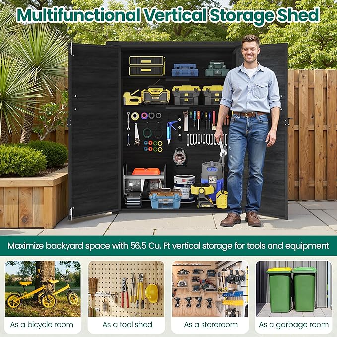 5×3 FT Vertical Outdoor Storage Cabinet, 56.8 Cu.Ft Resin Cabinet with Lockable Double Doors, Weather-Resistant for Garden and Patio (Woodgrain Gray)