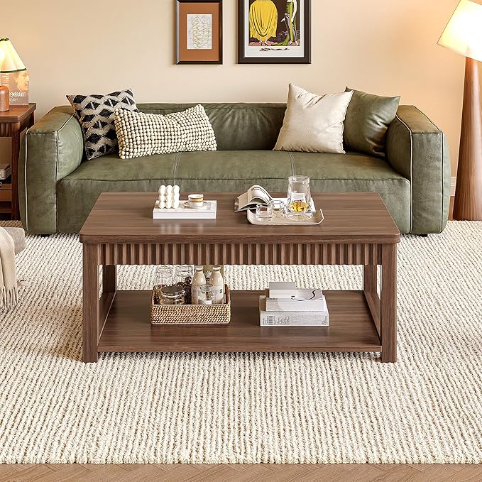 Coffee Table, 39 Inch Modern Coffee Tables for Living Room with 2-Tier Storage & Wave-Edge, Walnut Center Table for Bedroom/Office