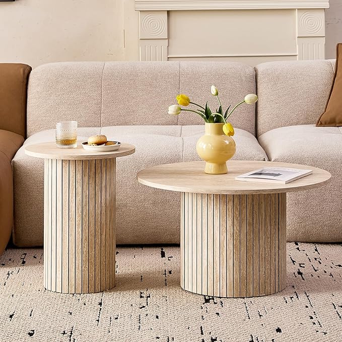 Round Nesting Coffee Tables Set of 2 -φ27.6 Large Short + φ15.8 Small Tall Boho Circle Side Tables with Fluted Drum Design, Beige