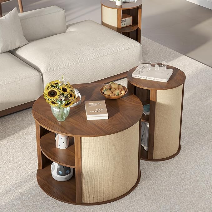 Round Coffee Table Set, 2-Tier Boho Mid Century Modern Wooden Center Coffee Table and End Table Sets of 2 with Adjustable Shelf, Sackcloth Finish, Farmhouse, for Living Room, 27.5 Inches, Walnut