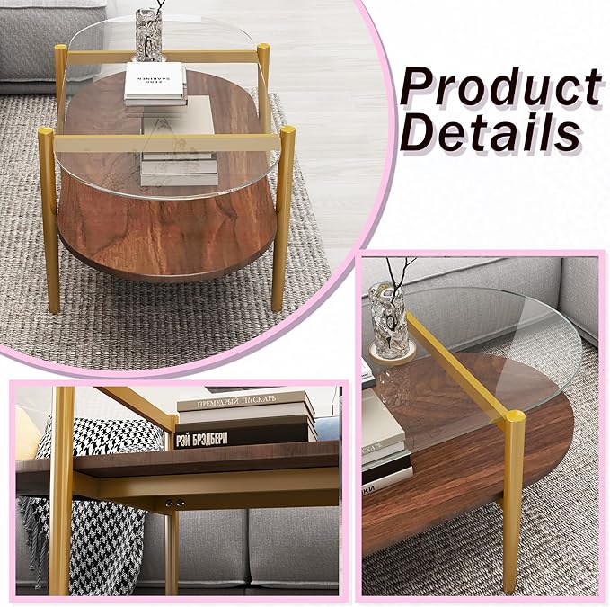 Modern Oval Glass Coffee Tables, 2-Tier Mid Century Modern Center Table, Tempered Glass Tabletop & Golden Metal Frame, Living Room, Office