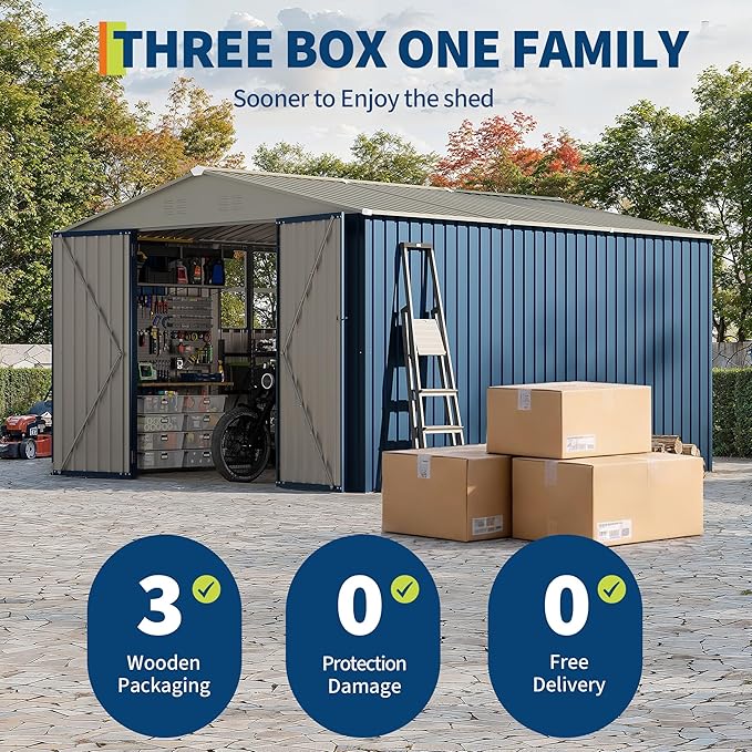 GarveeLife 10x12 FT Metal Storage Shed for Outdoor with Floor Frame&Clear Window,Steel Yard Shed with Design of Lockable Doors, Utility and Tool Storage for Garden, Backyard, Patio, Outside,Navy Blue
