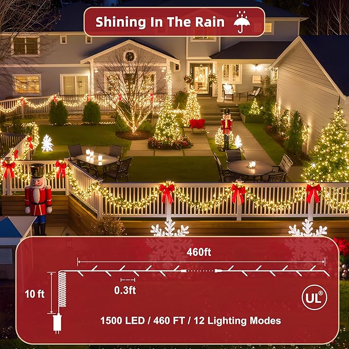 470FT Christmas Lights Outdoor,1500 LED Christmas Tree Decoration Lights with 12 Modes & Timer Memory, Dimmable Plug In Waterproof LED Xmas Light for Yard Trees Halloween Party Holiday Warm White