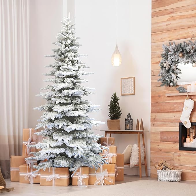 Fraser Hill Farm Pine Valley Flocked Christmas Tree, 6.5 Feet Tall | Holiday Tree with Metal Base Perfect Home Decor | Snowy Xmas Tree with No Attached Lights | FFPV065-0SN
