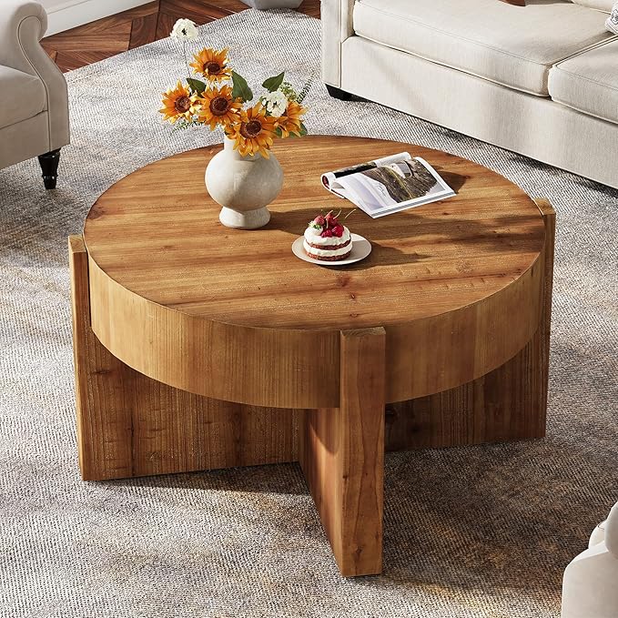 Solid Wood Coffee Table, 32 Inch Round Coffee Table for Living Room, Large Farmhouse Center Table with Thick Tabletop for Home, Easy Assembly, Rustic Brown
