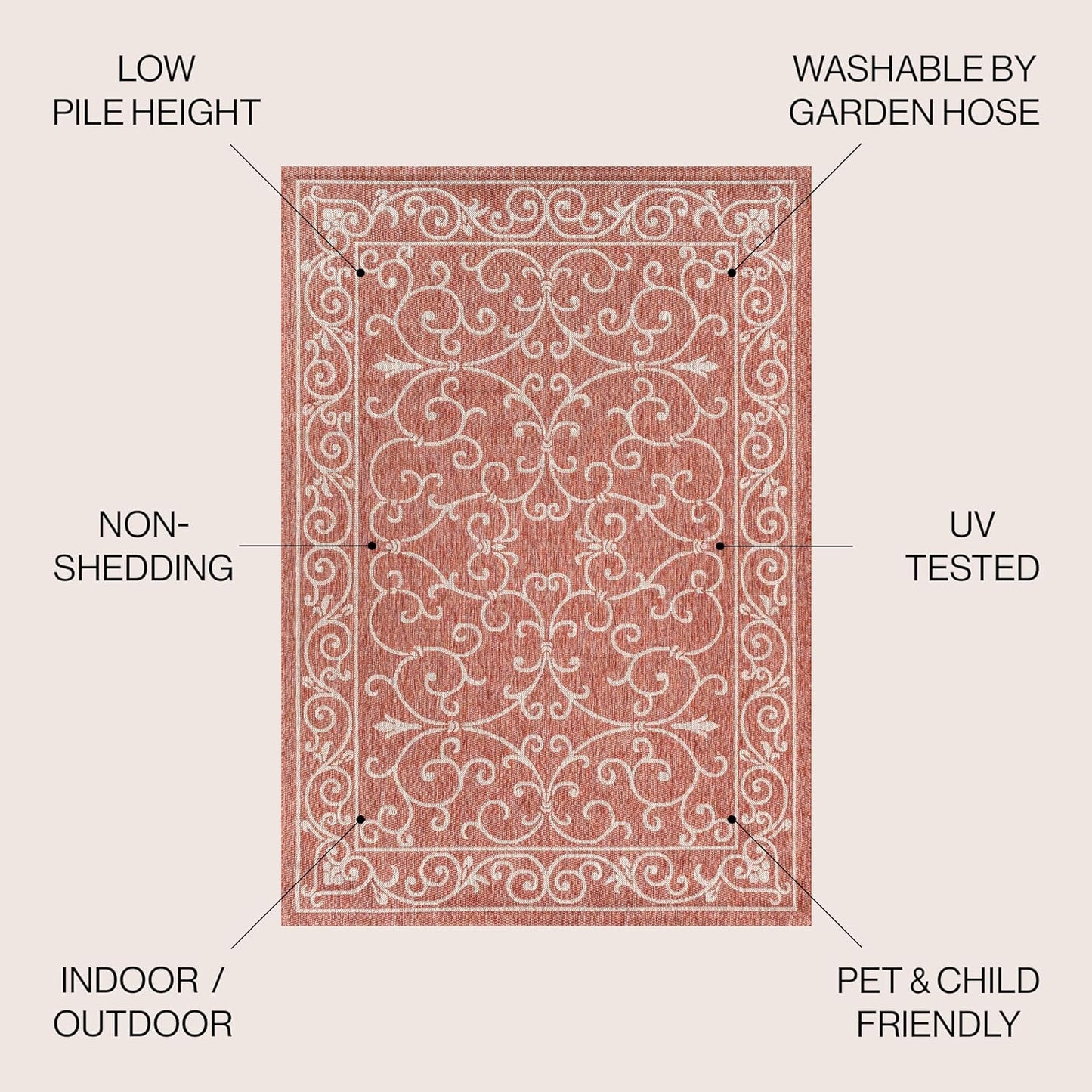 JONATHAN Y Vintage Filigree Indoor Outdoor Area Rug 4X6 Red/Beige, Charleston Textured Weave for Backyard, Patio, Porch, Easy-Cleaning, High Traffic, Pet-Friendly, Non-Shedding (SMB106B-4)