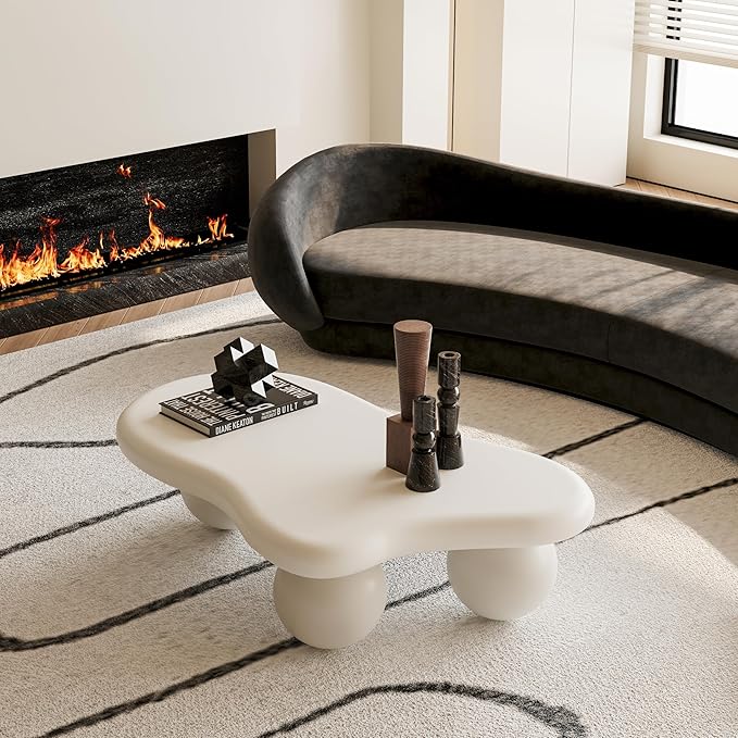 40” Cloud Coffee Table with 3 Ball Legs, Modern Lrregular Center Table for Living Room, Low Cute Small MDF Tea Table for Bedroom, Space Apartment-White