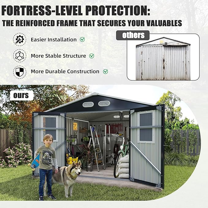 KEIKI 8x8 Metal Storage Shed with Protective Film, Four Daylight Windows, Lockable Doors, Heavy-Duty Color Steel Outdoor Storage Shed for Backyard Garden, Sheds & Outdoor Storage, Dark Gray