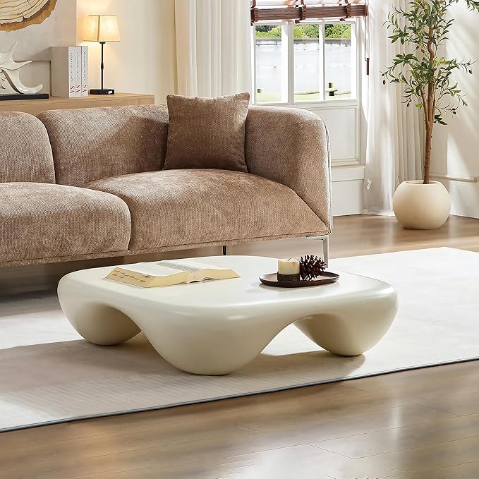 Cloud Square Modern Coffee Table, Heavy Duty Low Profile End Table with Stable 4-Leg Base and Strong Tempered Glass Top, Cream Style Sofa Side Table (White Matte)