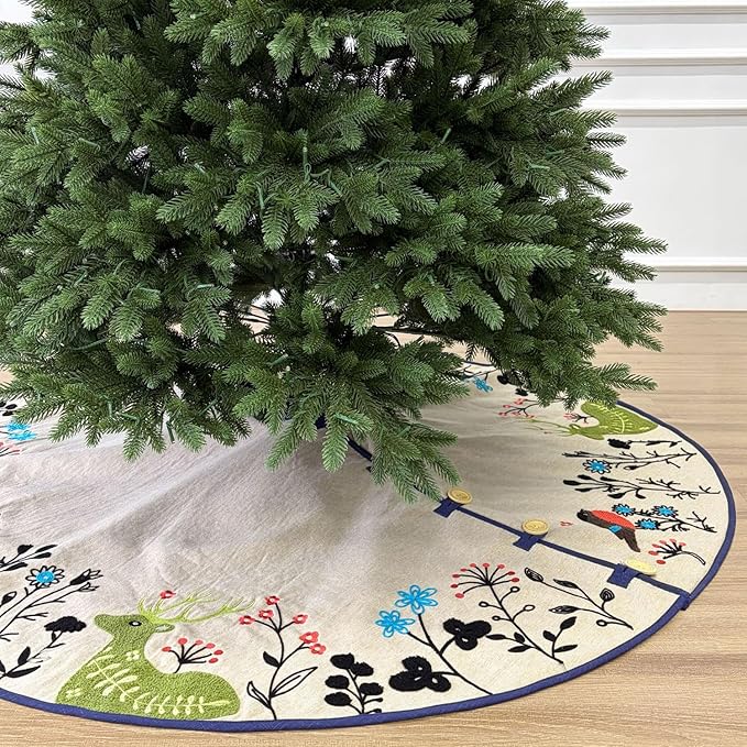 60-Inch Linen Christmas Tree Skirt, Woodland Creatures Embroidery, Thick Foam Padding, Beige with Navy Blue Trim, Oak Button Closures