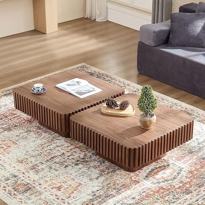 31.5" Square Coffee Table with Sturdy Base, Modern Luxury Wood Drum Center Tables,Small Wooden Accent with MDF, for Living Room, Minimalist Fluted Design-Walnut