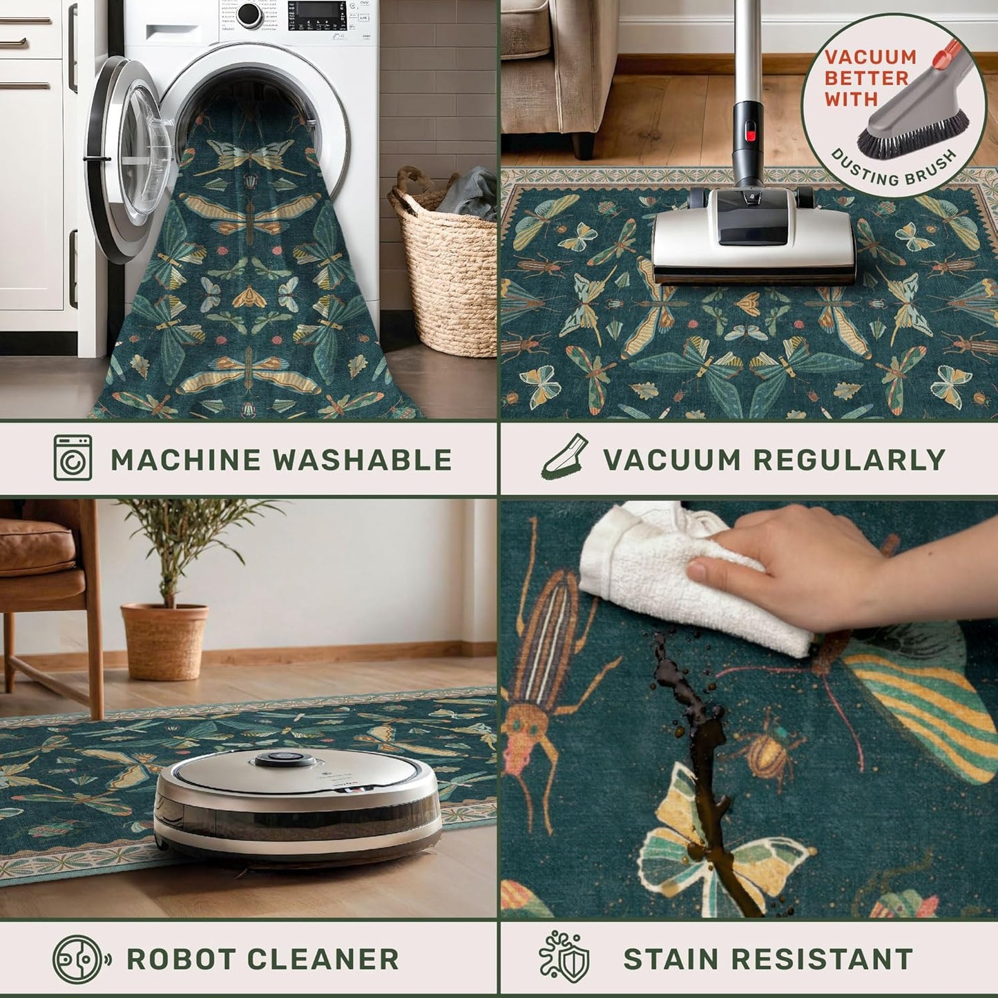 Teal Green Living Room Rugs - 10x14 Large Area Rug for Dining Room, Big Bedroom, Playroom Kids, Foldable Insect Décor