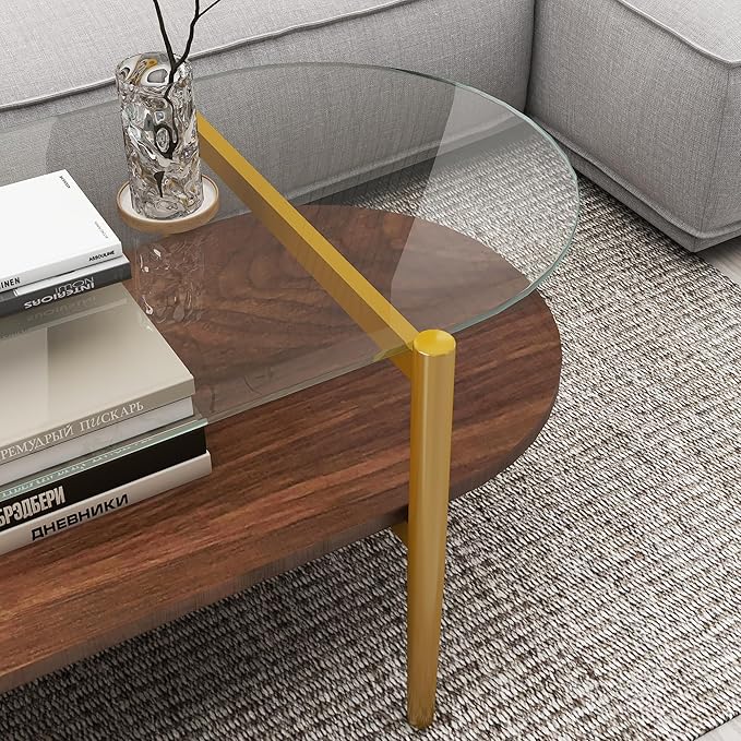 Modern Oval Glass Coffee Tables, 2-Tier Mid Century Modern Center Table, Tempered Glass Tabletop & Golden Metal Frame, Living Room, Office