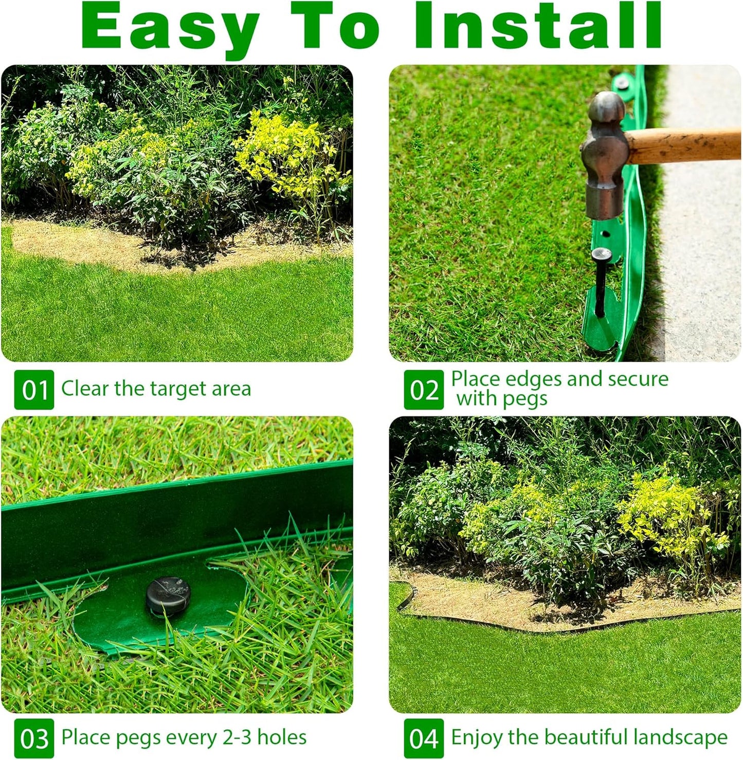 Landscape Edging Border 33 FT 2 Inch Tall with 60 Spikes, Plastic Edging for Landscaping, Garden Edging Border， Flower Bed, Paver and Lawn Edging Border, Green