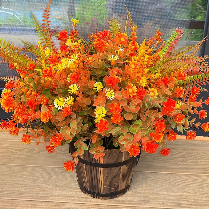 18 PCS Artificial Mums Fall Flowers for Outdoors, Artificial Plants Outdoor Fake Mums UV Resistant, Outdoor Fake Plants Plastic Faux Flowers for Porch Window Box Garden (Orange Red)