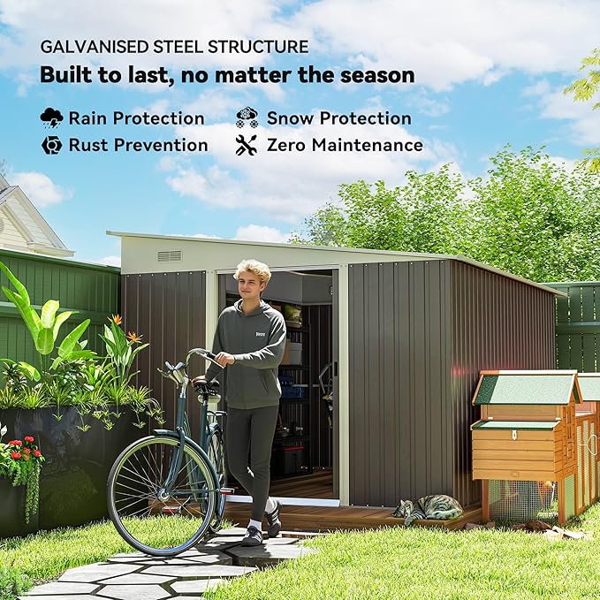 Outsunny 11' x 9' Outdoor Storage Shed, Metal Garden Tool House with Sloping Roof and Lockable Door for Backyard, Bike, Patio, Garage, Lawn, Gray