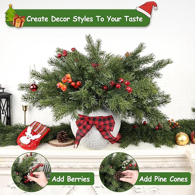 Artgar 12 Pcs Christmas Pine Branches – 18" Realistic Artificial Greenery Pine Stems - Real Touch Faux Cedar Picks for Vase, DIY Garland Wreath Home Indoor Outdoor Xmas Decorations