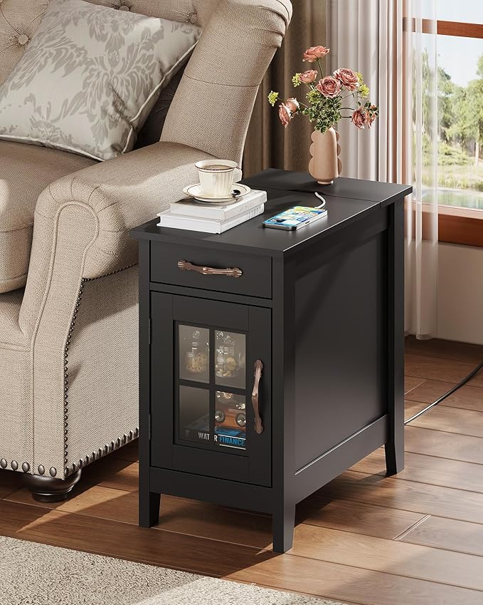 WLIVE End Table with Charging Station, Narrow Side Table for Living Room, Farmhouse Night Stand with Storage, Small Wooden Cabinet Nightstand with USB Ports and Outlets, 23.7" D x 13.78" W x 23.7" H