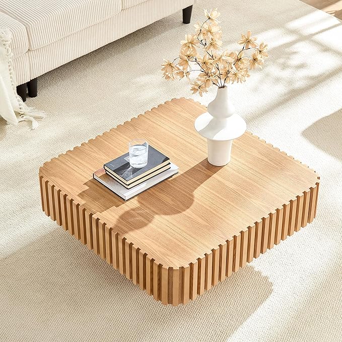 31.5" Square Coffee Table with Sturdy Base, Modern Luxury Wood Drum Center Tables,Small Wooden Accent with MDF, for Living Room, Minimalist Fluted Design-Natural