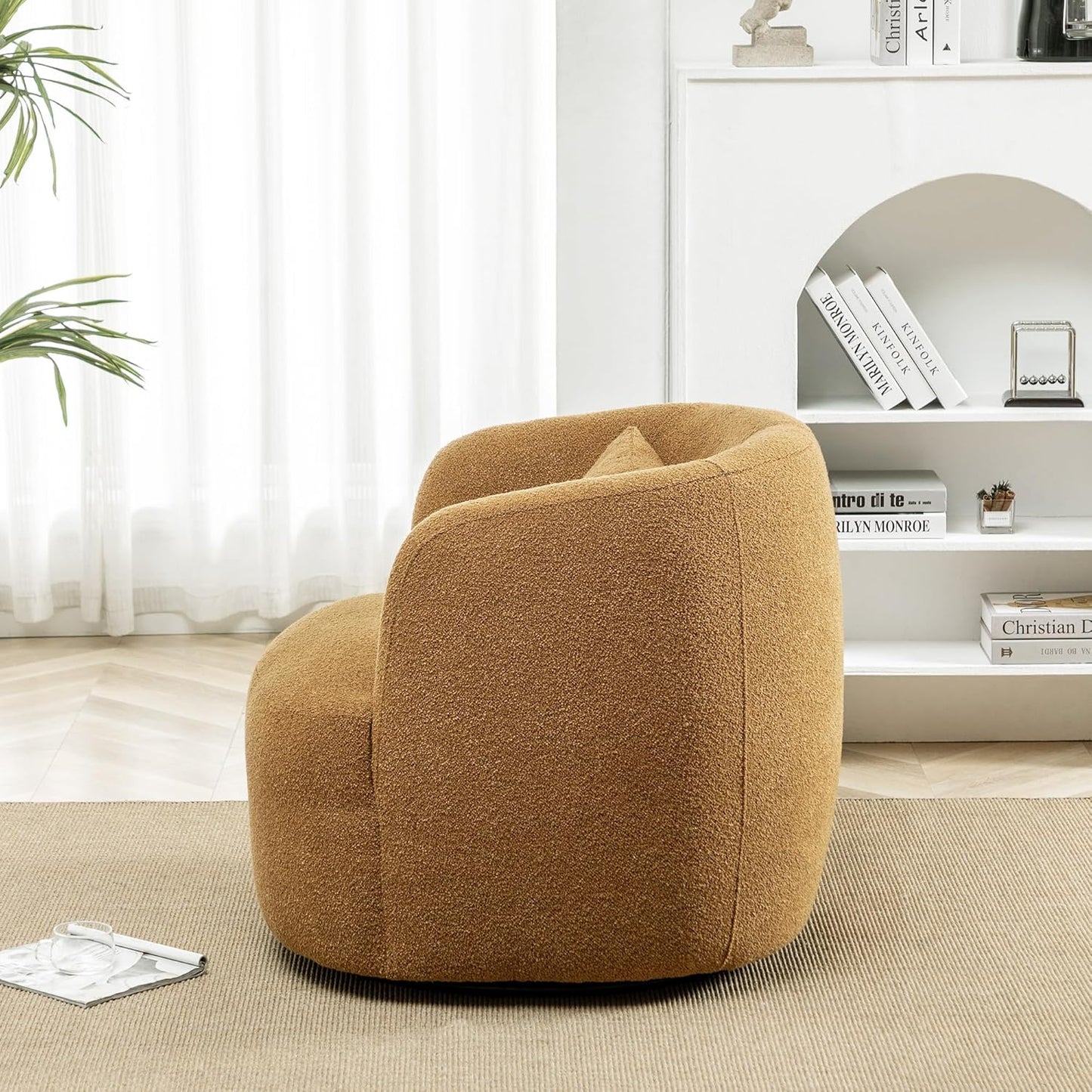 KINWELL 34" Wide Boucle Swivel Barrel Chair, No Assembly Round Upholstered Armchair Accent Chair Single Sofa Chair with Toss Pillow for Living Room and Bedroom, Brown