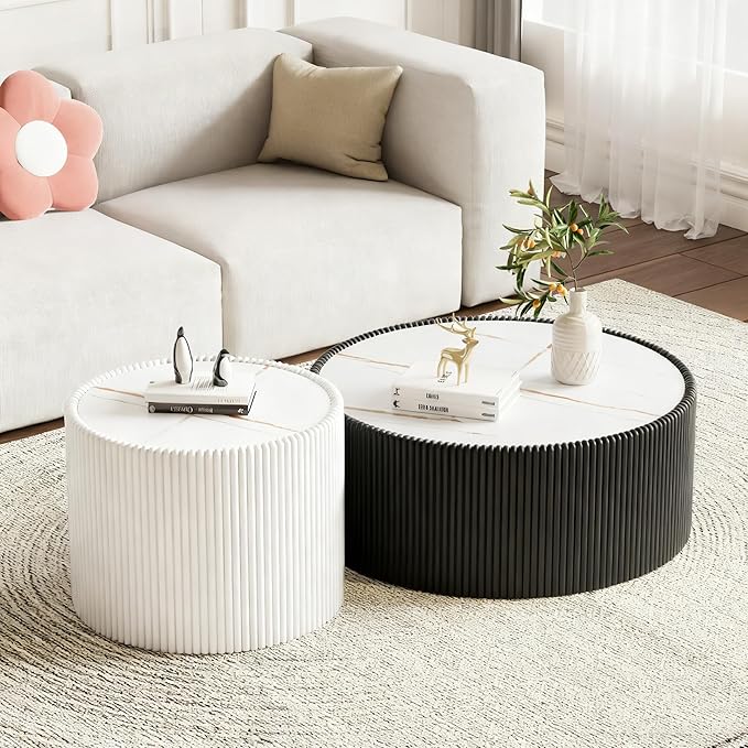 Round Living Room Table Set, 29.52" Black Drum Center Table and 17.71" White Coffee Table Set, 2 Pieces Coffee Table Set with Sintered Stone Tabletop, Fluted PU Leather Covered and StableBase