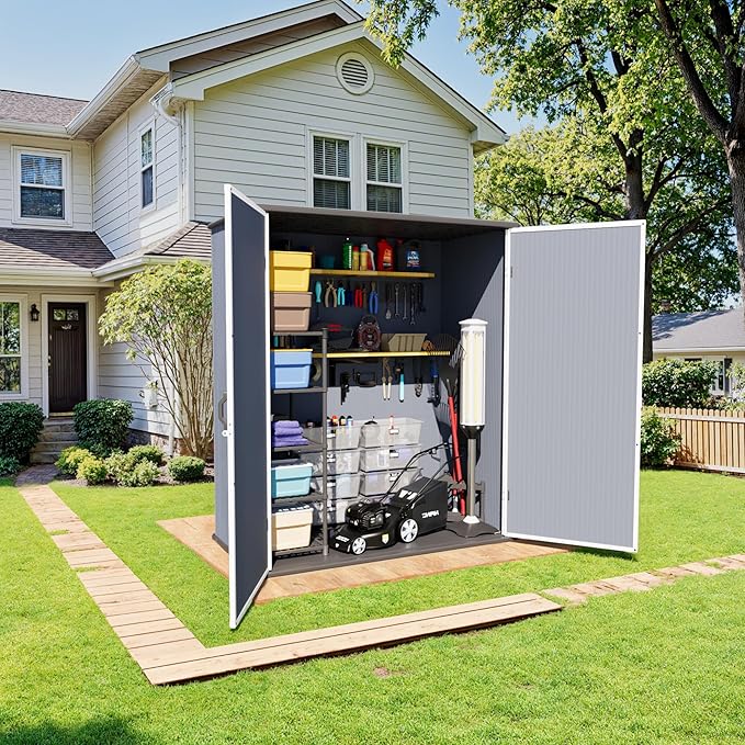 Greesum 5X3FT Plastic Storage Shed with Floor, Resin Outdoor Storaged Sheds with Lockable Door, All-Weather Tool Sheds for Garden, Backyard, Patio, Dark Gray (4.7×2.5FT)