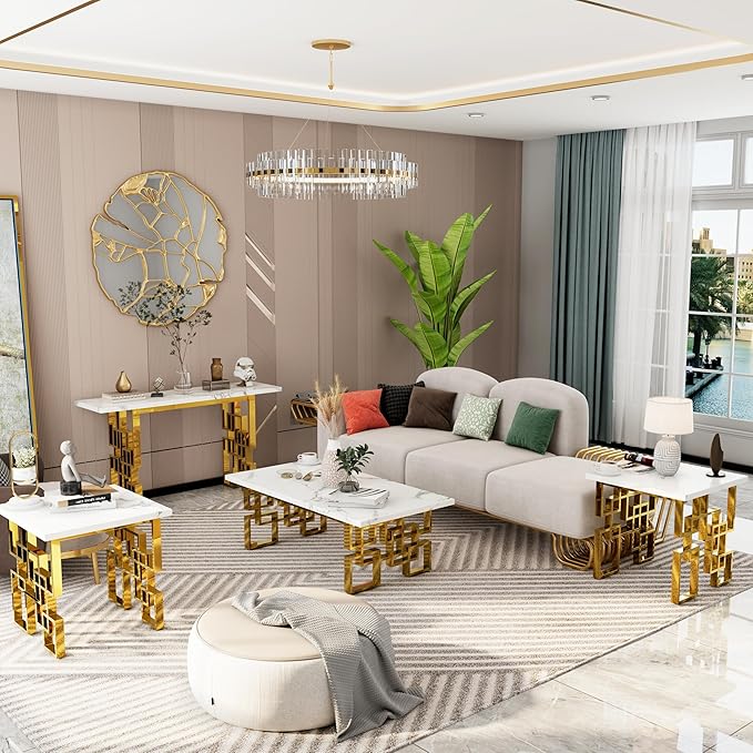 AUZ Gold End Table Set - Luxury Square Living Room White & Gold Side Table with Mirrored Geometric Base