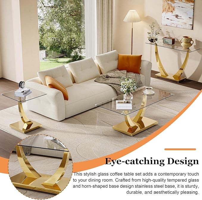 Modern Glass 3 Piece Living Room Table Set, Coffee Table Set with 1 Glass Coffee Table, 1 End Tables and 1 Console Table, Gold Horn-Shaped Stainless Steel Base for Living Room, Office