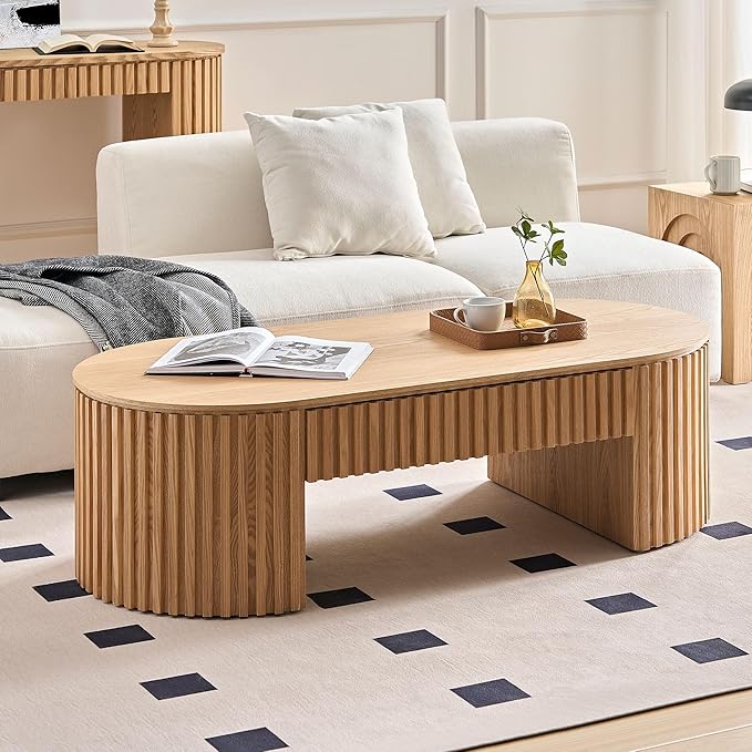 WILLIAMSPACE 51.18" Oak Oval Coffee Table with Drawer, Modern Luxury Wood Center Table Coffee Table for Living Room, Accent Side Table End Table for Apartment, 51.15" x 23.62" x 14.56" (Oak)