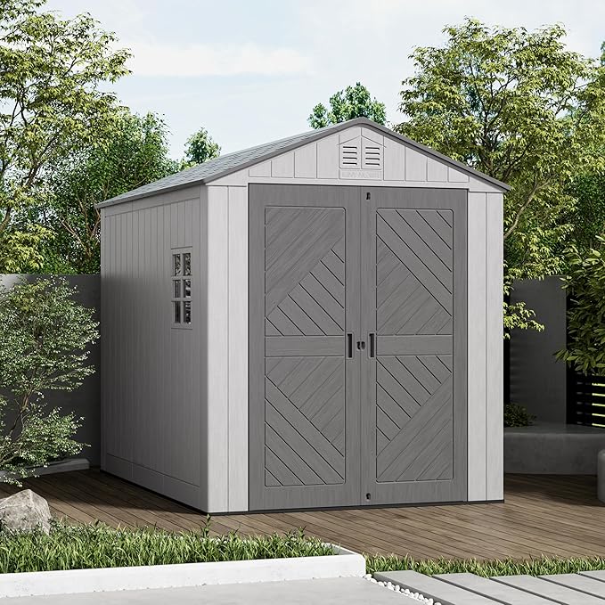 6x8.6 FT Storage Shed with Floor,HDPE Resin Outdoor Storage Shed Weather Resistant,Lockable Garden Sheds with Windows for Home/Garden Tools/Backyard/Lawn Mower/Bike Storage(Gray)