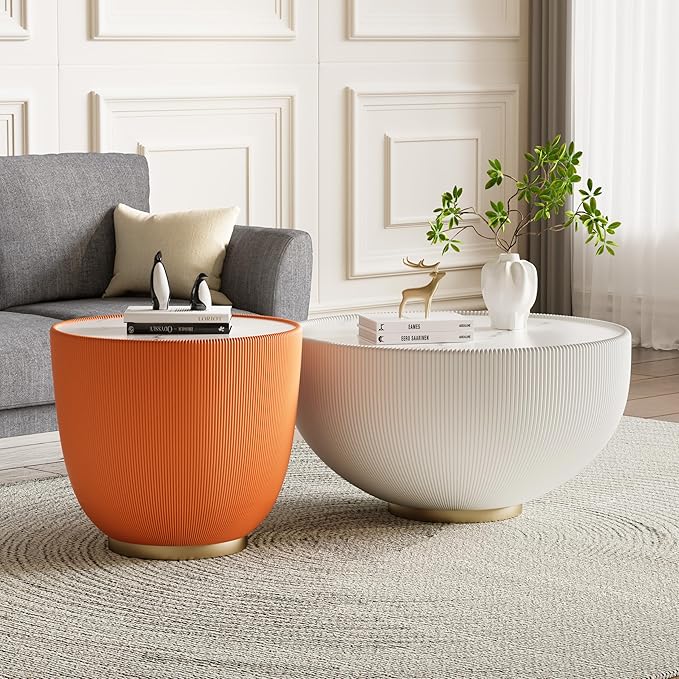 Round Living Room Table Set, 27.56" White Drum Center Table and 19.69" Orange Center Table Set, 2 Pieces Coffee Table Set with Sintered Stone Tabletop, Fluted PU Leather Covered and Metal Base