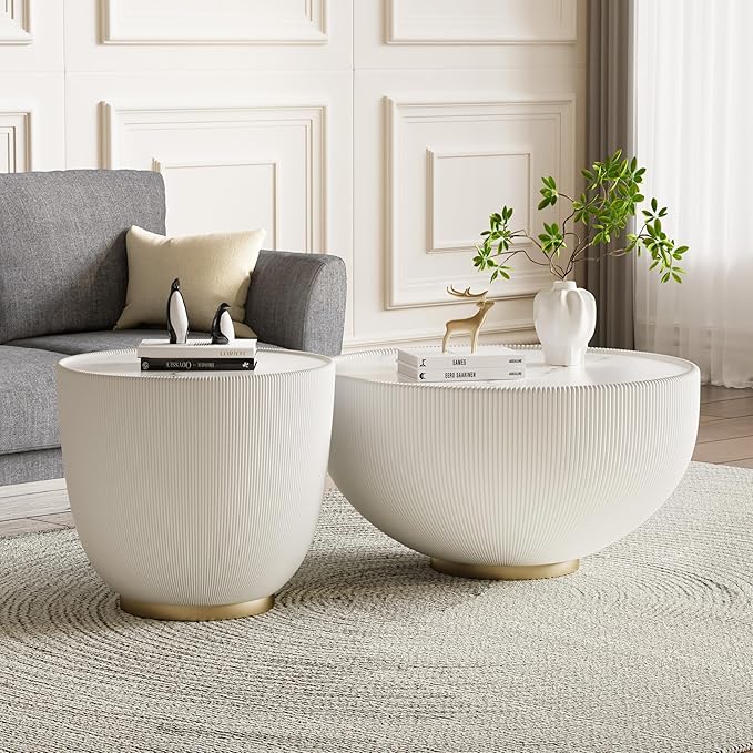 19.69" White Round Coffee Table, Drum Coffee Table with Sintered Stone Tabletop and Fluted PU Leather Covered and Metal Base, Circle Cocktail Tea Table for Living Room