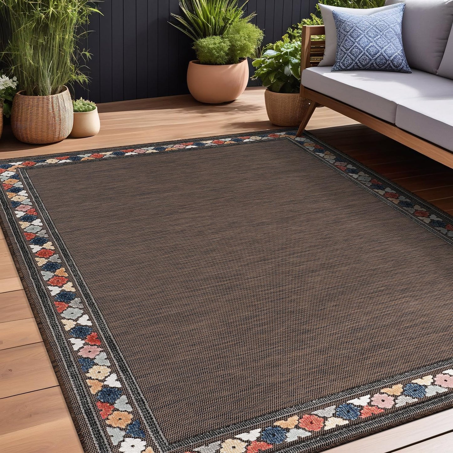 Beverly Rug Outdoor Rug 8x10 Modern Bordered Area Rugs for Indoor and Outdoor Patio Easy to Clean Non Shedding Living Room Porch Garden Washable Outside Carpet (8 x 10 Brown)