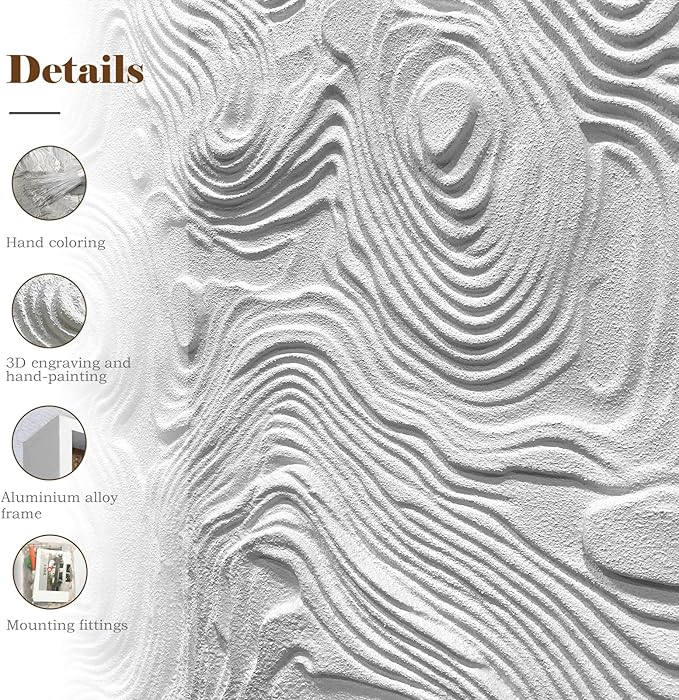 BrightA Large-scale white abstract wall artworks, wood wall decor for living room and office, horizontal wall art three-dimensional relief sandstone hand-painted decorations 23.6"x47.2"
