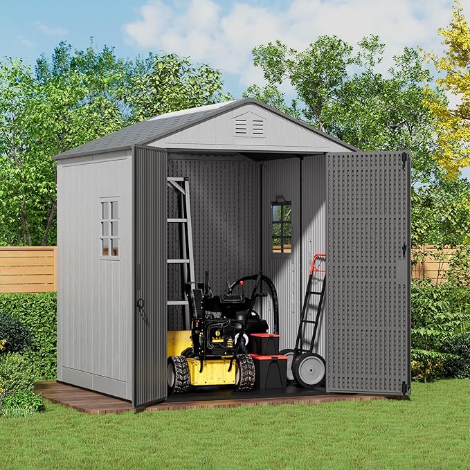 6x6 FT Storage Shed with Floor,HDPE Resin Outdoor Storage Shed Weather Resistant,Lockable Garden Sheds with Windows for Home/Garden Tools/Backyard/Lawn Mower/Bike Storage(Gray)
