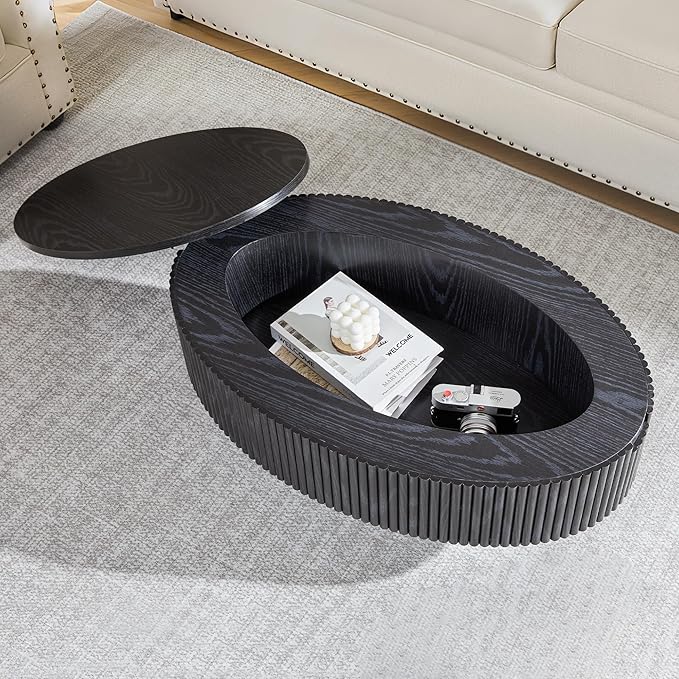 Oval Coffee Table with Hidden Storage, 31.5 Inch Wide Modern Coffee Table, Center Table with Fluted Veneered, Accent Tea Table for Small Space Living Room Apartment (Black)