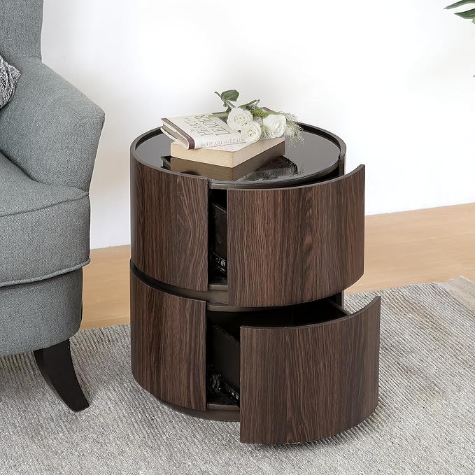 WILLIAMSPACE 15.75" Round Small Coffee Table with Double Storage Drawers & Tempered Glass Top, Modern Accent Side Table Retro Style End Sofa Table for Living Room Apartment, Black+Brown